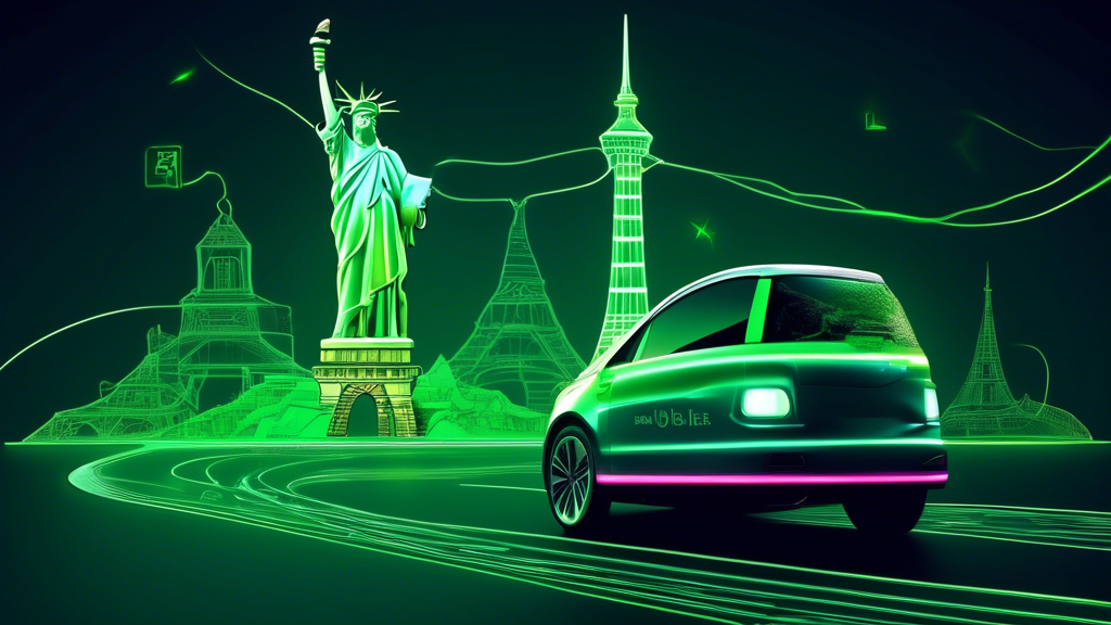 Tourism Industry - EVs' impact: A sleek electric vehicle driving past famous global landmarks like the Eiffel Tower, the Great Wall of China, and the Statue of Liberty, with a GPS map overlay showing various tourist d