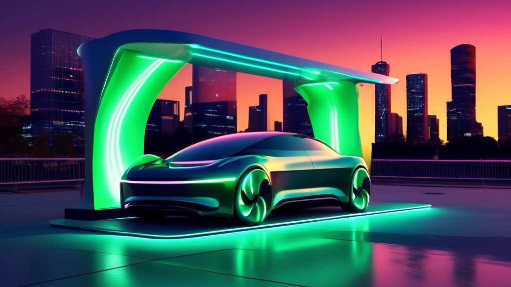 EV DC charging: A sleek electric vehicle parked at a futuristic-looking DC fast charging station with glowing green lights, set against a city skyline at dusk.