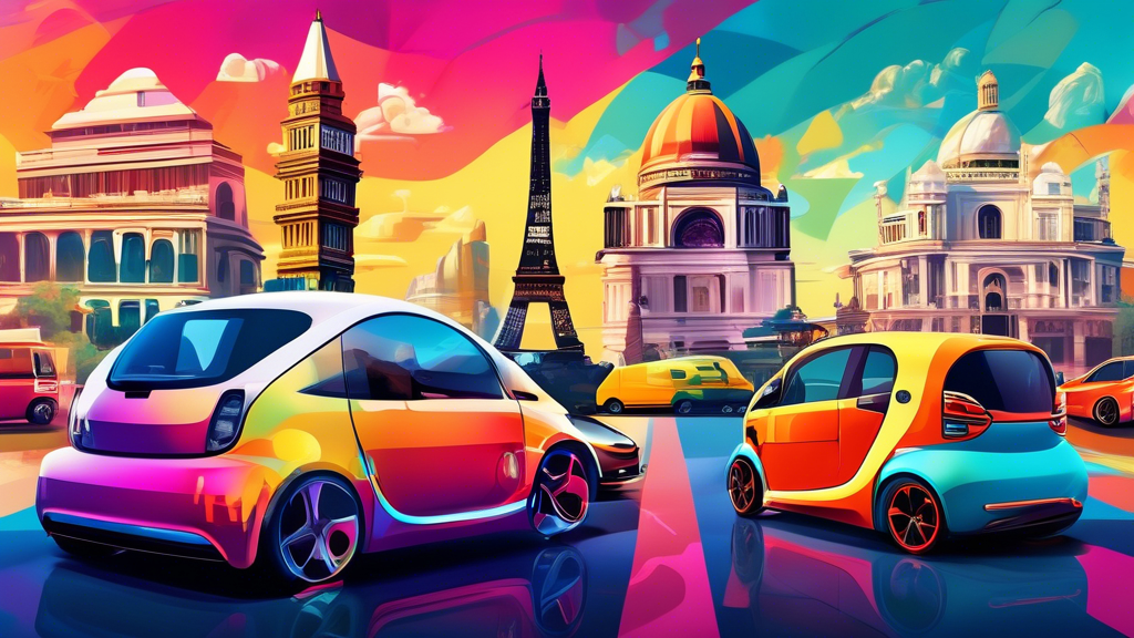 Top 5 Innovative Ways to Integrate EVs into Tourism Packages: Electric vehicles parked at five famous global tourist landmarks, each creatively customized to reflect the culture and aesthetics of their location, under a bright, sunny sky, in vibrant digital art
