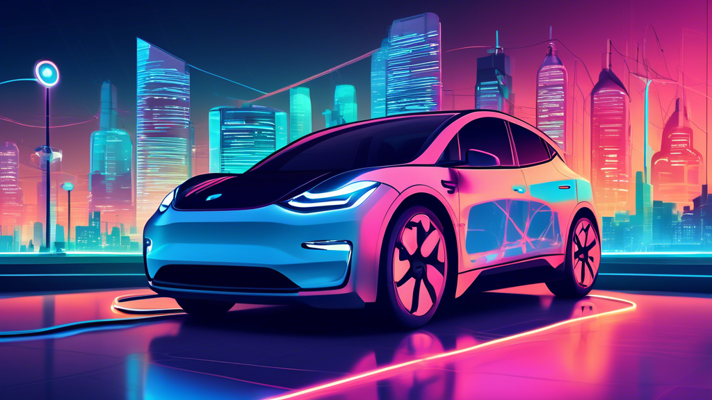 An illustration of an electric car plugged into a DC charging station, with a digital clock displaying optimal charging times and a graph showing energy usage, set in a futuristic cityscape at dusk.