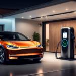 Create an image showing a modern electric vehicle (EV) parked in a sleek, urban home garage with a Level 2 charger connected to it. The scene should include a digital display on the charger showing rapid battery recharge progress and eco-friendly icons or charts highlighting energy efficiency. Show the happy owner monitoring the process via a smartphone app, emphasizing the convenience and benefits of faster charging.