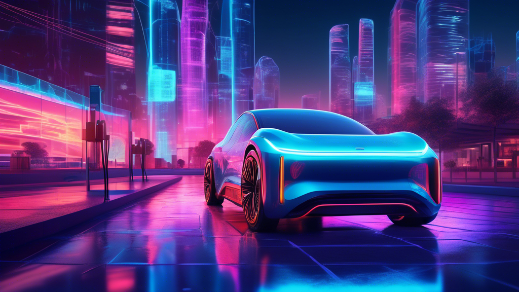 A digital artwork of a futuristic electric car parked at a high-tech charging station in a neon-lit city at dusk, with a transparent overlay displaying graphs and numbers analyzing the costs associate