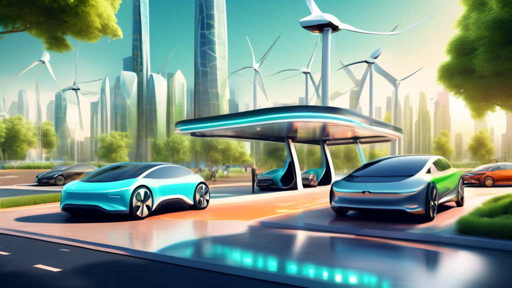 A futuristic EV charging station with solar panels and wind turbines, sleek electric vehicles of various models charging under a modern canopy, and a digital display showing fast-charging times and battery status. The background features a smart city skyline with eco-friendly buildings and green spaces, indicating a sustainable future.