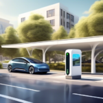 Create an image of a modern urban landscape featuring an electric vehicle (EV) charging station prominently. The station should be designed with clean lines and futuristic elements, highlighting ease of access and multiple EVs recharging simultaneously. Surround the scene with eco-friendly details such as solar panels on rooftops, greenery, and symbols of sustainability. Ensure the setting illustrates the integration of EV charging infrastructure into everyday life, emphasizing its importance for a sustainable future.
