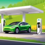 Create an image of a modern electric vehicle charging at an Electrify America charging station, surrounded by a scenic and eco-friendly environment. Illustrate a sense of convenience and ease, highlighting the user-friendly interface of the charging station and the sustainability aspect with green technology signage and natural elements like trees and flowers in the background.
