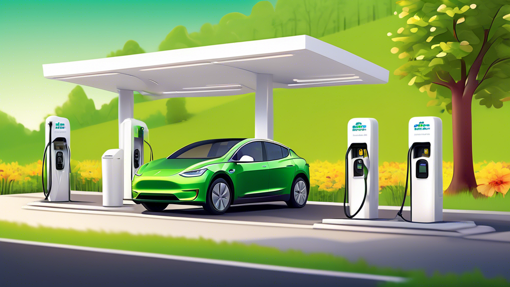 Create an image of a modern electric vehicle charging at an Electrify America charging station, surrounded by a scenic and eco-friendly environment. Illustrate a sense of convenience and ease, highlighting the user-friendly interface of the charging station and the sustainability aspect with green technology signage and natural elements like trees and flowers in the background.