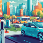 Create an image showing a person using a smartphone app to locate electric vehicle (EV) charging stations on a detailed map. The background features a modern cityscape with visible EV charging stations and electric vehicles parked and charging. Make the scene vibrant, high-tech, and user-friendly, emphasizing convenience and accessibility.