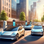 Create an image of a bustling urban street lined with sleek electric charging stations, where various modern electric cars are plugged in. The scene should include a diverse group of people interacting with the chargers, some checking their phones or chatting while waiting. In the background, show a few tall, eco-friendly buildings equipped with solar panels and wind turbines on their rooftops. Add a clear blue sky and plenty of green elements like trees and plants to emphasize the commitment to sustainability.