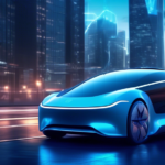 Create an image of a futuristic electric vehicle (EV) powered by artificial intelligence, driving autonomously through a sleek, modern cityscape at dusk. T