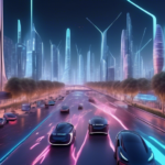 Create a futuristic cityscape at dawn, with sleek, modern architecture and roads populated by autonomous electric vehicles (EVs). The streets are bustling