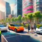 A bustling city street filled with modern electric cars in vibrant colors, seamlessly integrating into the urban landscape. Smart charging stations line th