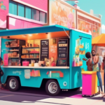 A bustling street scene featuring a modern, vibrant food truck converted into a stylish, mobile e-commerce boutique. The truck is brightly decorated with c