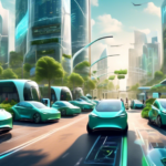 Create an image depicting a bustling cityscape with a futuristic vibe, featuring numerous electric vehicles (cars, buses, scooters) on the roads. The scene