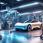 Create an image of a futuristic auto repair shop specifically designed for electric vehicles, featuring robotic arms and advanced diagnostic tools. Modern-