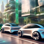 A futuristic cityscape with sleek, innovative electric vehicles (EVs) navigating the streets amidst traditional cars. The city is a blend of advanced techn