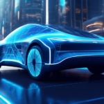 Create an image of a futuristic electric vehicle (EV) driving through a bustling cityscape. The vehicle is sleek, with glowing blue lines running along its