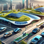 Create an image of a futuristic cityscape powered entirely by renewable energy. In the foreground, show a variety of electric vehicles (EVs) like cars, bus