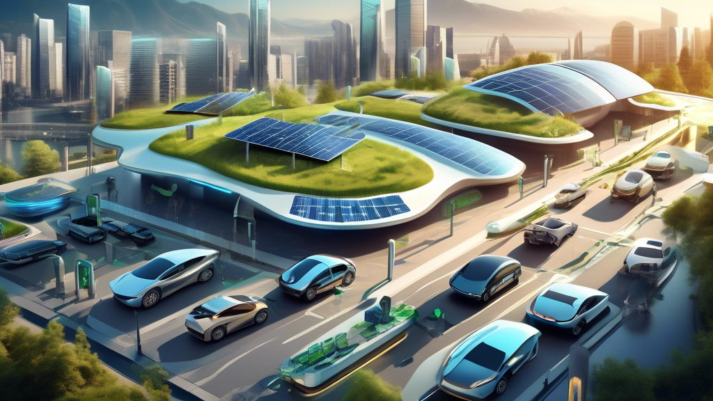 Create an image of a futuristic cityscape powered entirely by renewable energy. In the foreground, show a variety of electric vehicles (EVs) like cars, bus