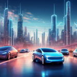 An illustration of the automotive industry landscape being transformed by electric vehicles. The scene shows a futuristic city skyline with sleek, advanced