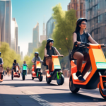 Generate an image of a bustling urban street scene filled with a variety of sleek, modern electric scooters and bikes. The setting is a vibrant cityscape w