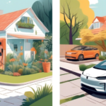 A split-image illustration showing the pros and cons of home electric vehicle charging. On one side, depict a cozy garage with a modern electric car plugge