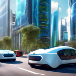 A futuristic city street scene showcasing a variety of newly-designed electric vehicles (EVs) navigating around modern skyscrapers. The vibrant setting inc