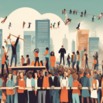 Create an image depicting the concept of public perception shifts by illustrating a large crowd of diverse people standing on a giant seesaw. On one side,