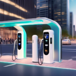 Create an image of a futuristic electric vehicle charging station in a bustling urban setting. The charging station features multiple sleek, high-speed cha