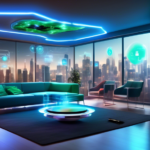 Create an image depicting a futuristic living room where all electronic devices, such as phones, laptops, and even kitchen appliances, are being charged wi